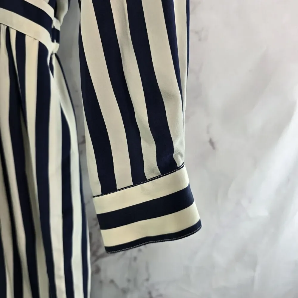 Vintage Silk Dress Womens Large 12 Navy Cream White Midi Maxi Striped Talbots - Picture 6 of 16